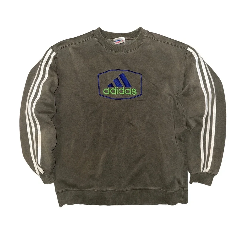 Vintage Adidas Sweatshirt XL Olive Green 3 Stripe Embroidered Logo Pullover